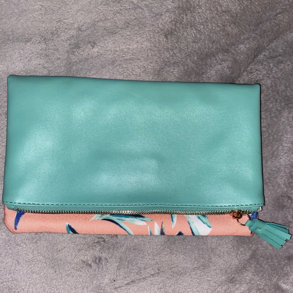 Fold over 2 sided clutch/ beauty bag in mint green and floral on the other side